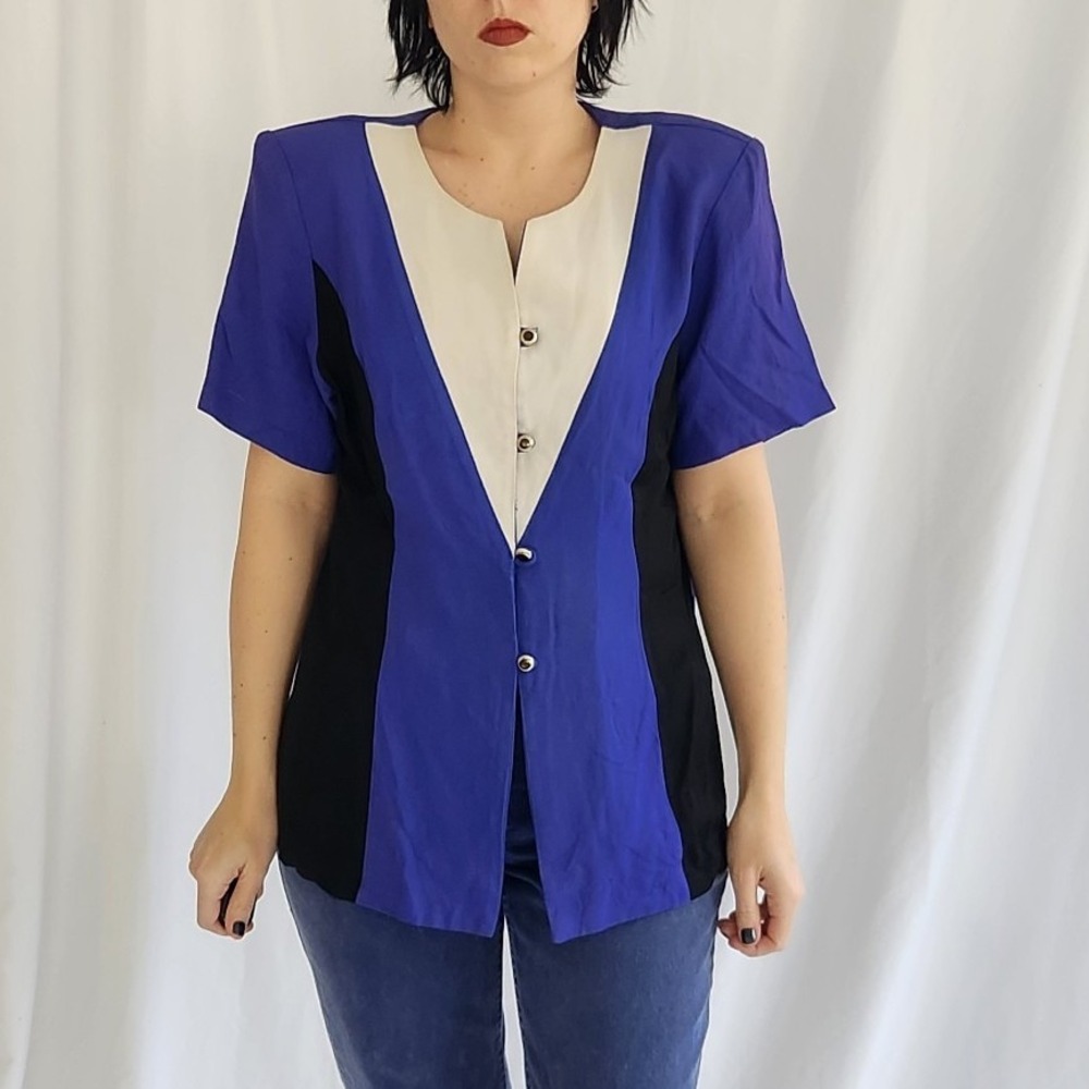 90s Purple, White, and Black‎ Blouse